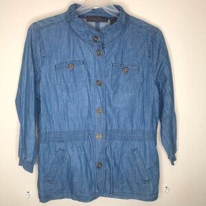 Gaviota Women Jean Jacket Blue Waist Length Buttons Band Collar Pockets Light XL